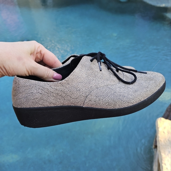Fitflop F Pop Stone Pebbleprint Leather Oxford Shoes Womens Office Work 7 - Picture 1 of 12